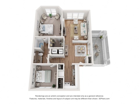 Floor plan for 2 beds, 1 bath, 975 sqft